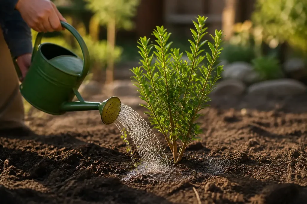 Jeune arbuste plante en terre brune avec arrosoir vert