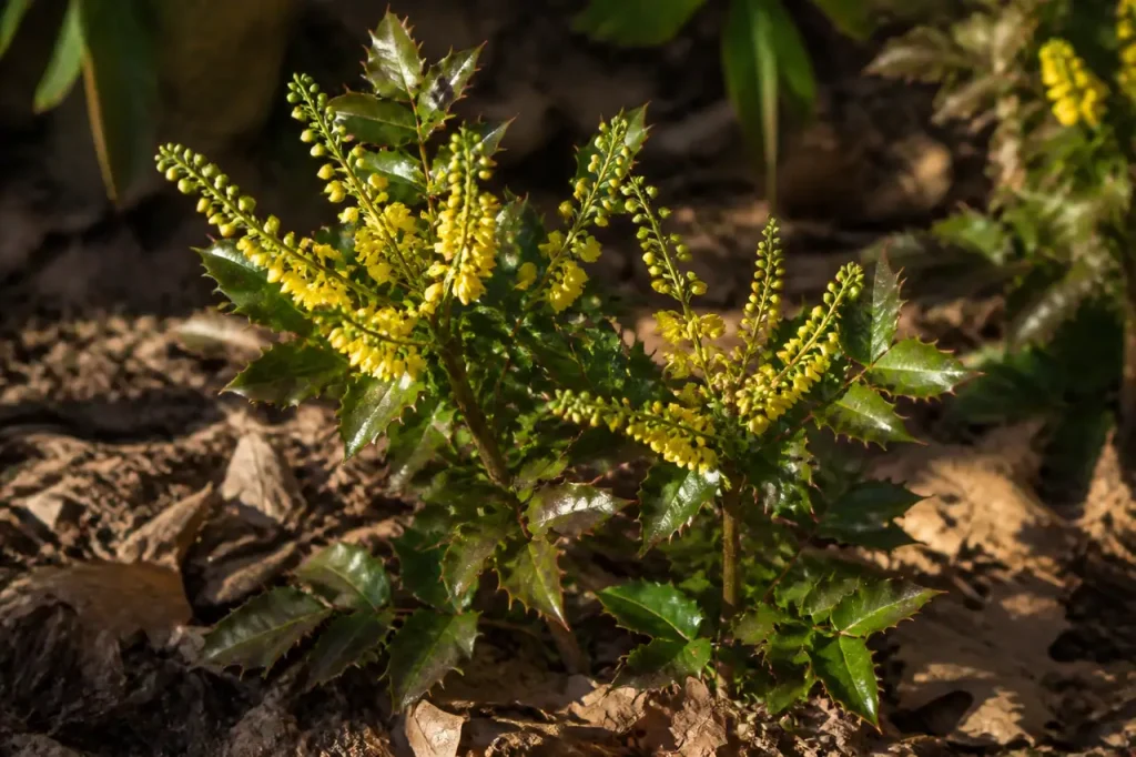Jeune mahonia aux feuilles epineuses et grappes jaunes