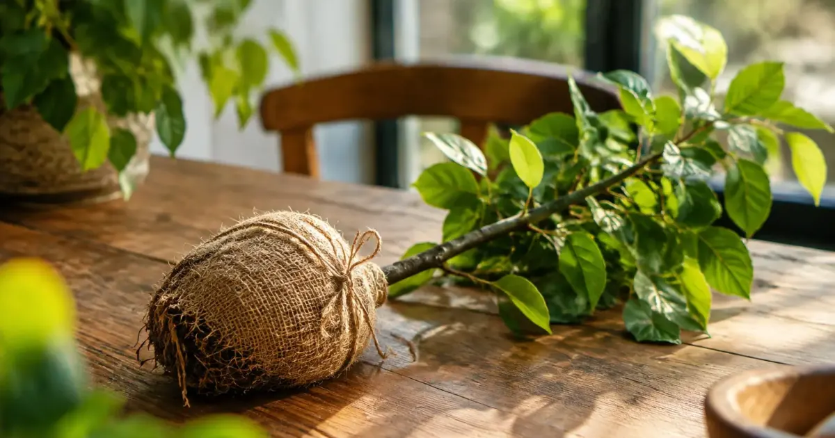 Jeune pommier couche sur table, radicelles enveloppees de jute