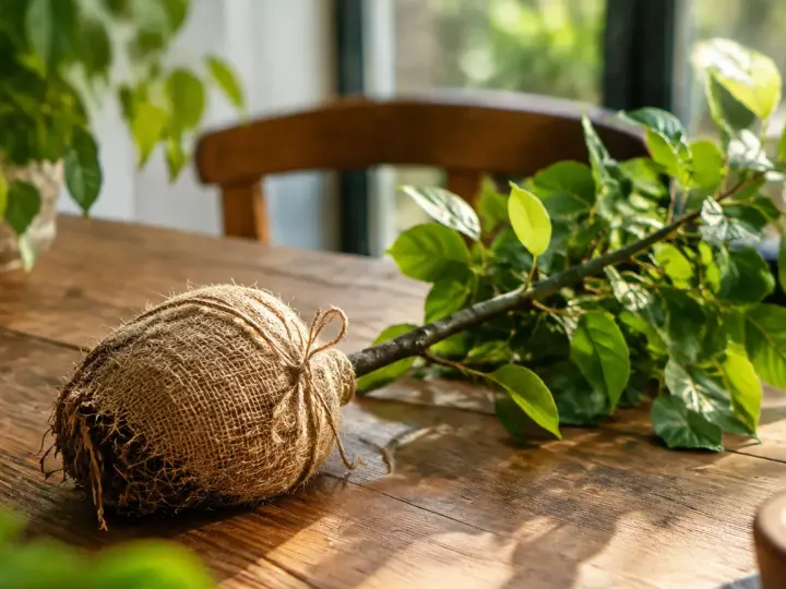 Jeune pommier couche sur table, radicelles enveloppees de jute