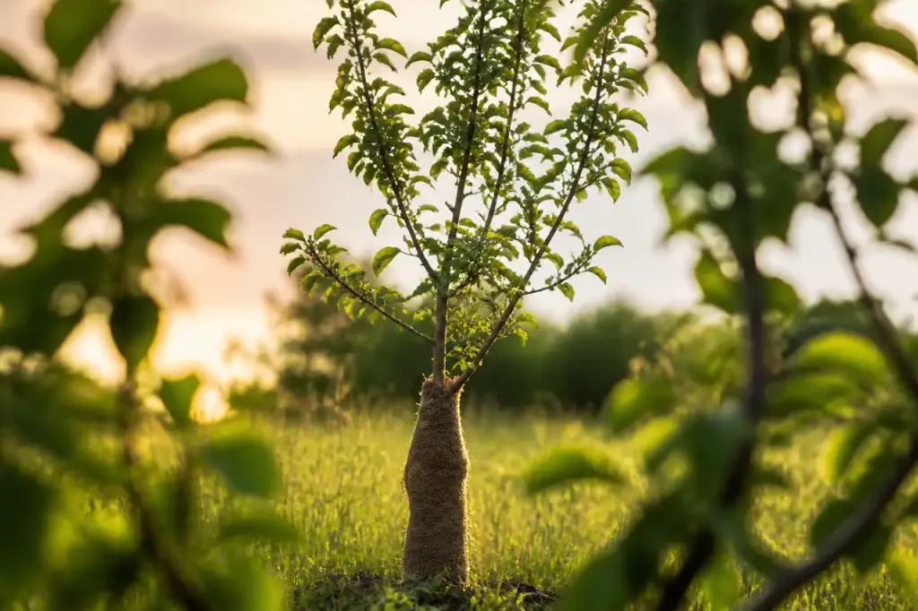 Jeune pommier au tronc enveloppe de jute brun