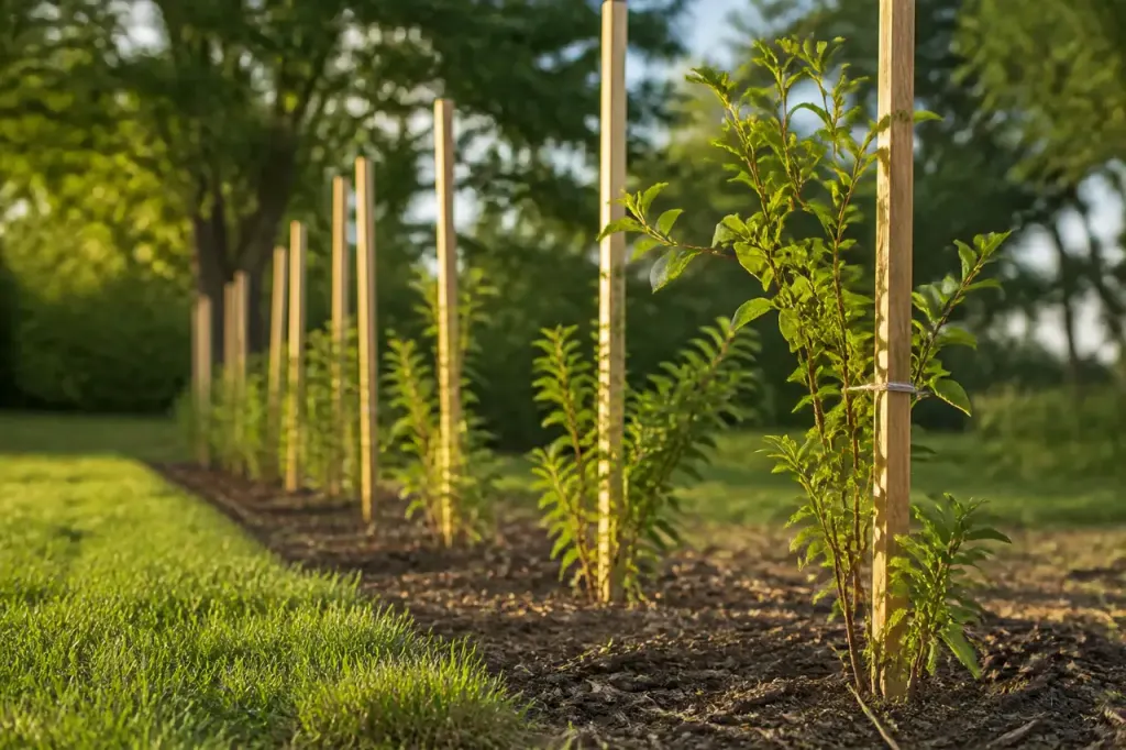 Jeunes arbustes alignes le long de piquets en bois