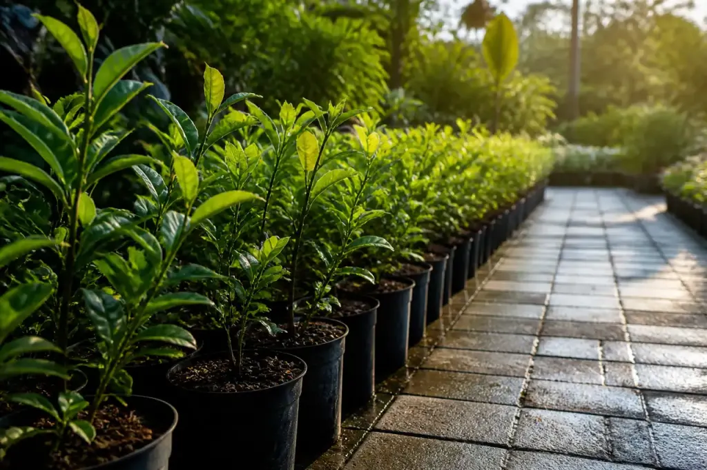 Jeunes plants alignés le long d'une allée pavée
