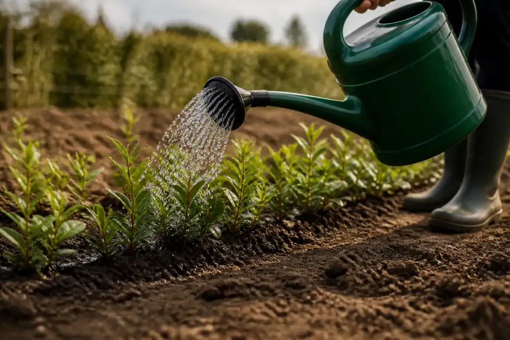 Jeunes plants de haie en rang avec arrosoir vert