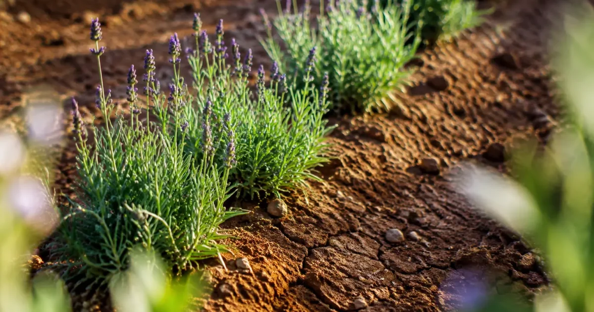 Jeunes plants de lavande alignes dans la terre seche