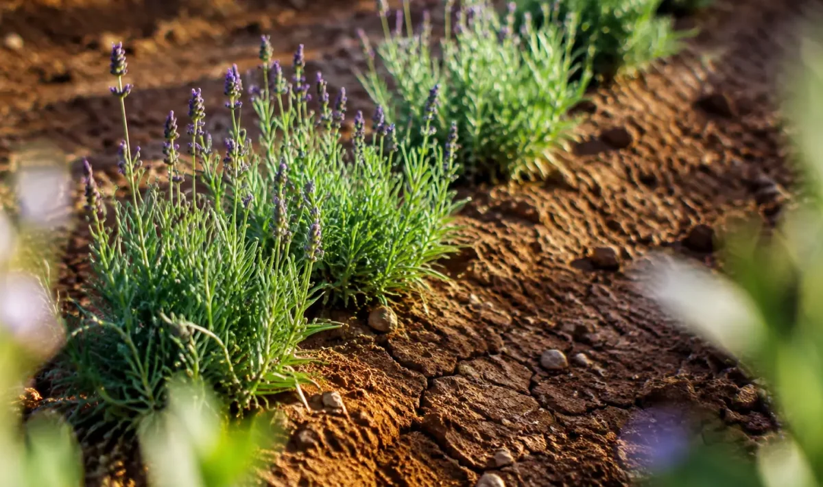 Jeunes plants de lavande alignes dans la terre seche