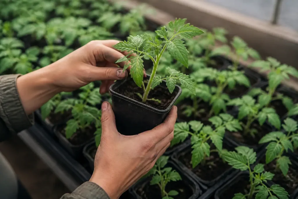 Jeunes plants de tomates en godets sous serre