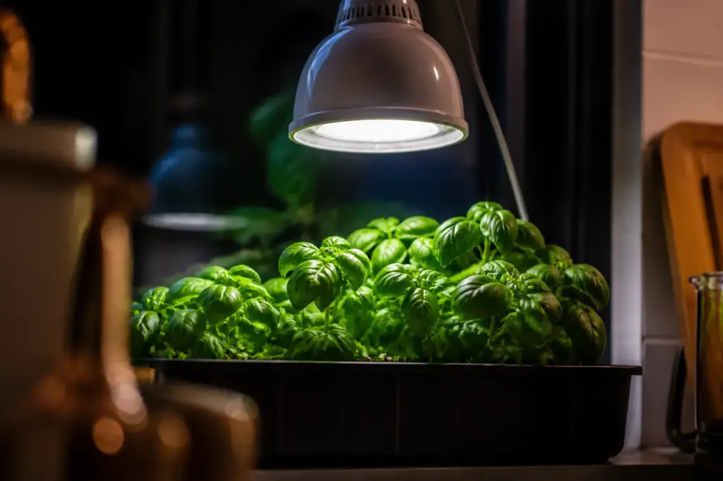 Lampe LED blanche au-dessus de plants de basilic