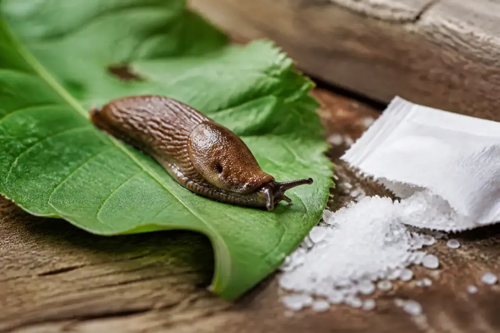 Limace luisante sur feuille verte, sachet de sel