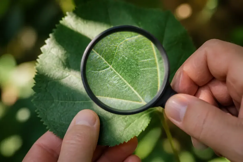 Main tenant une loupe au-dessus d'une feuille verte