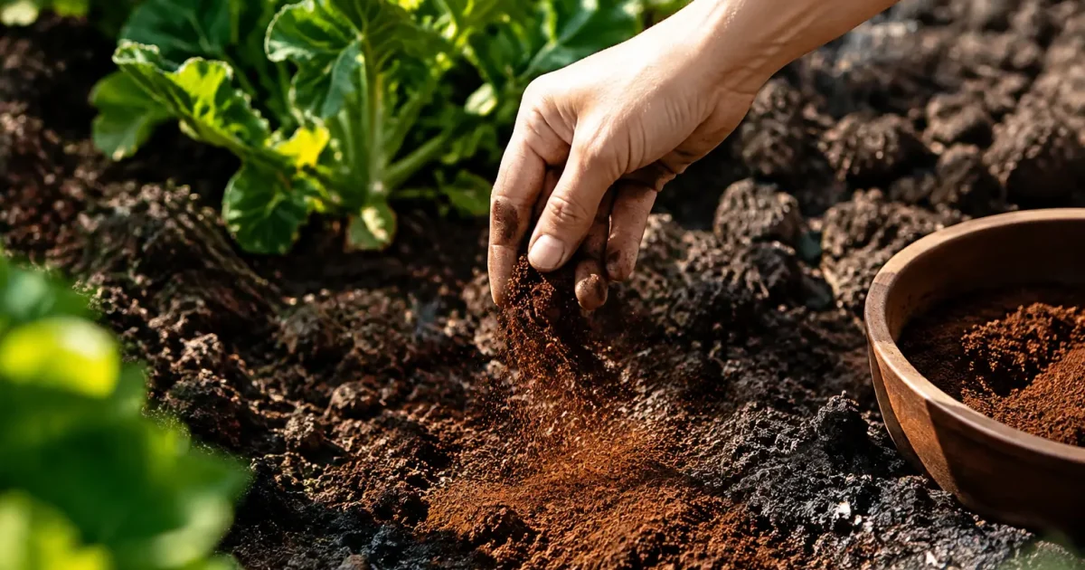 Main gantee saupoudrant marc de cafe sur la terre