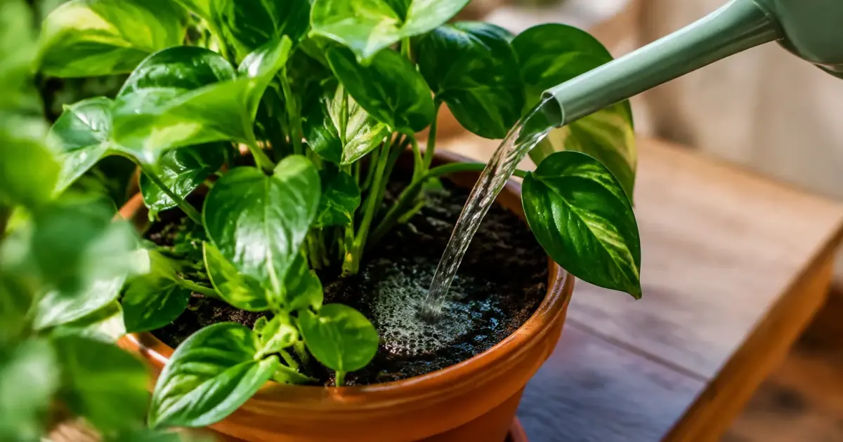 Main versant eau de rincage sur plante en pot