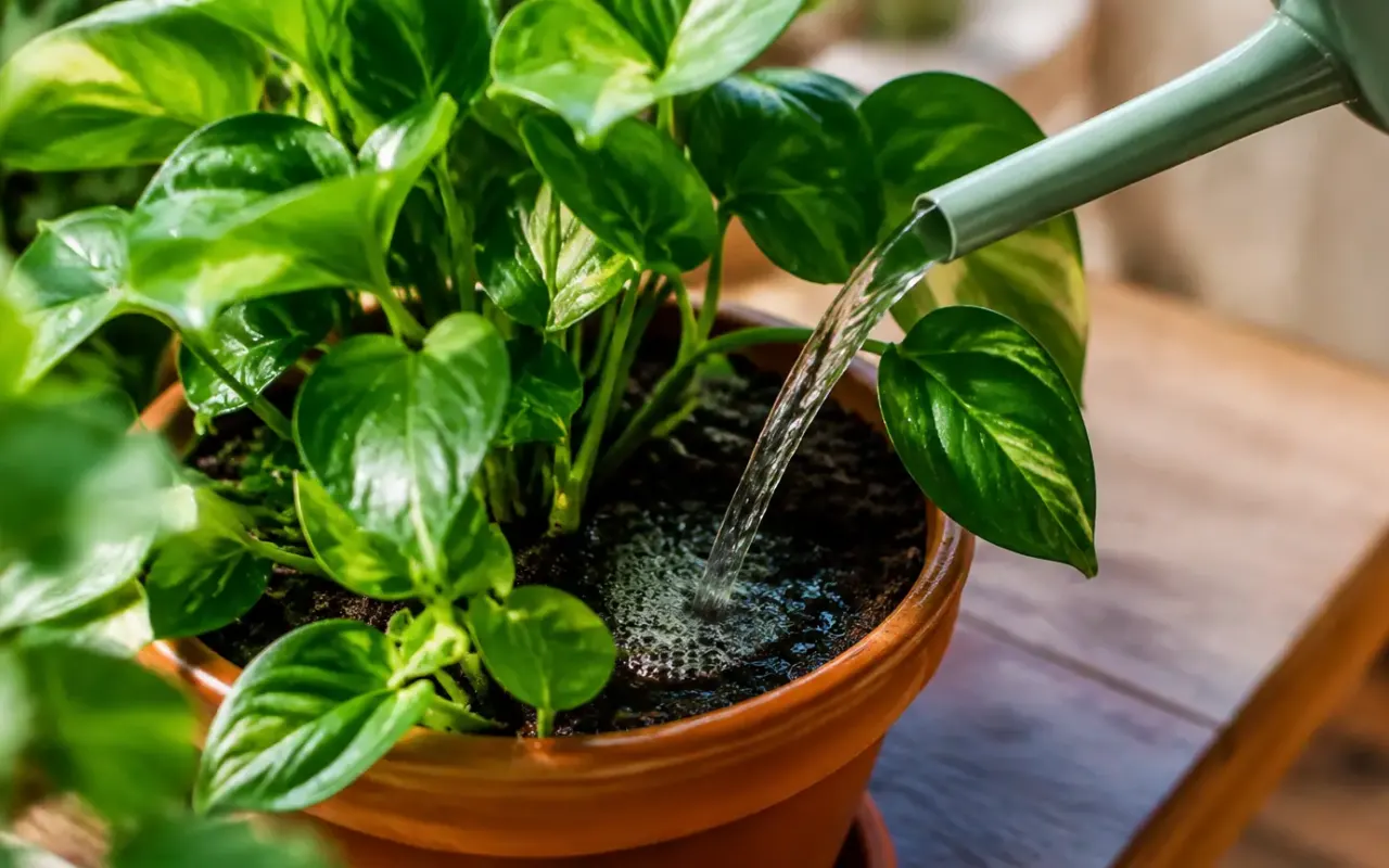 Main versant eau de rincage sur plante en pot