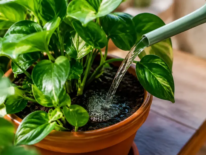 Main versant eau de rincage sur plante en pot