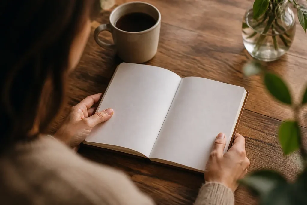 Mains tenant un agenda papier ouvert sur une table