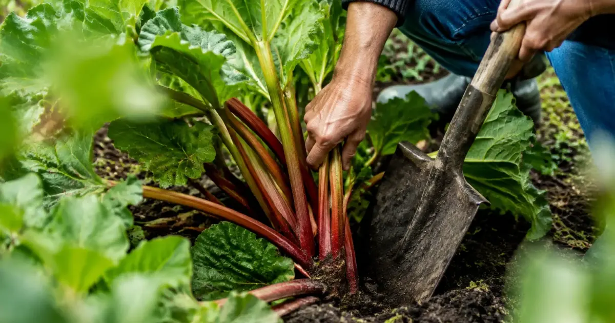 Mains divisant une touffe de rhubarbe avec une beche