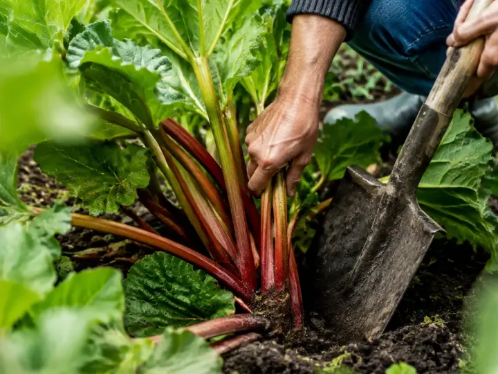 Mains divisant une touffe de rhubarbe avec une beche