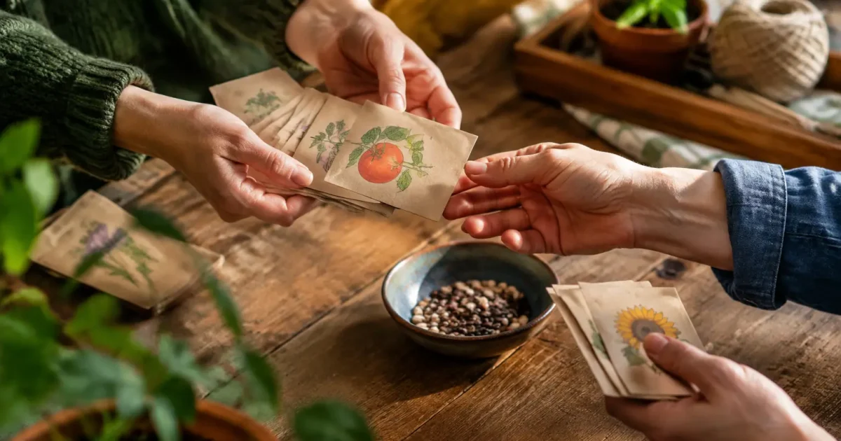 Mains echangeant des sachets de graines sur une table