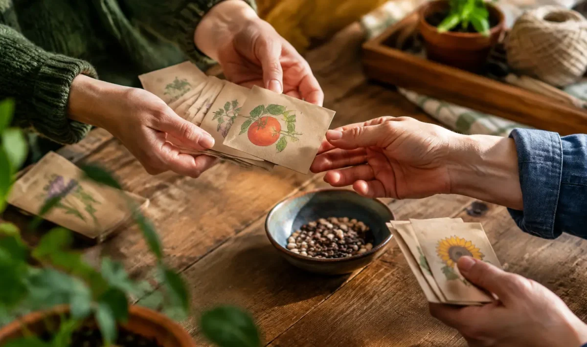 Mains echangeant des sachets de graines sur une table
