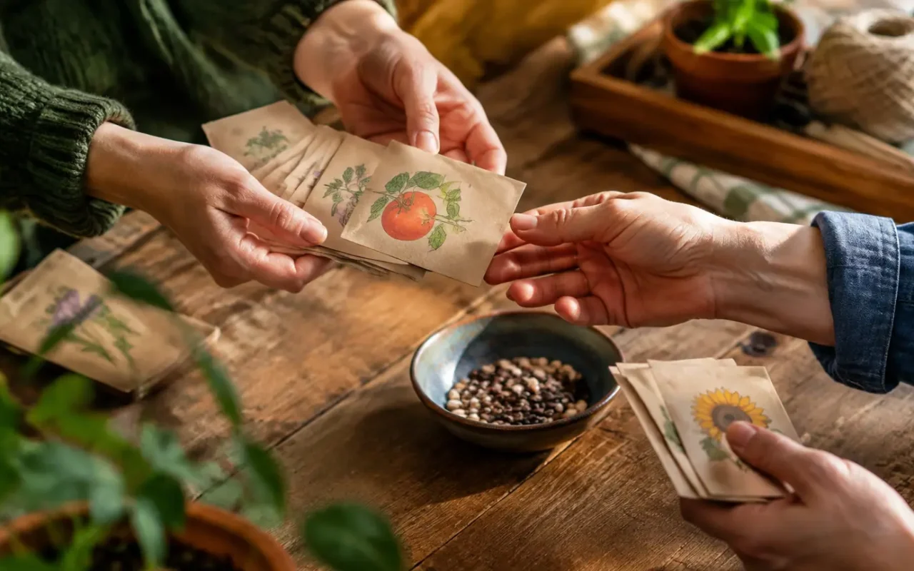 Mains echangeant des sachets de graines sur une table