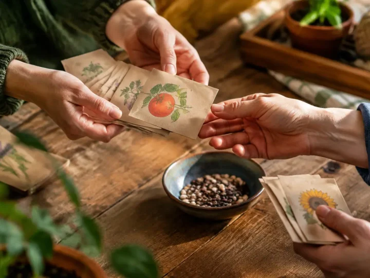 Mains echangeant des sachets de graines sur une table