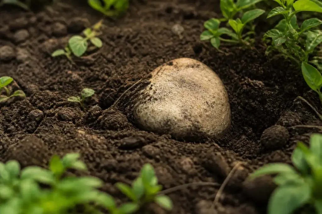 Mains enfoncent une pierre dans la terre