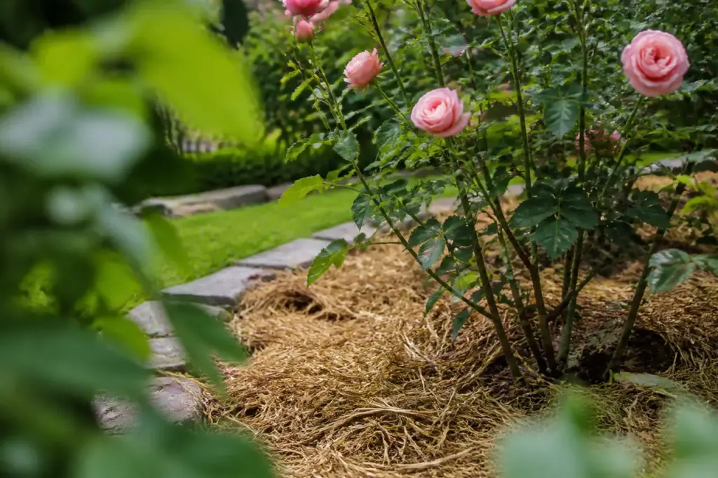 Mains etalant paille sechee au pied des rosiers