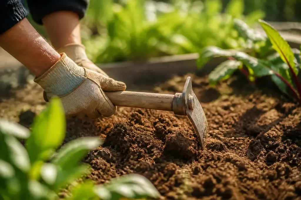 Mains gantees ameublissant la terre meuble avec une binette