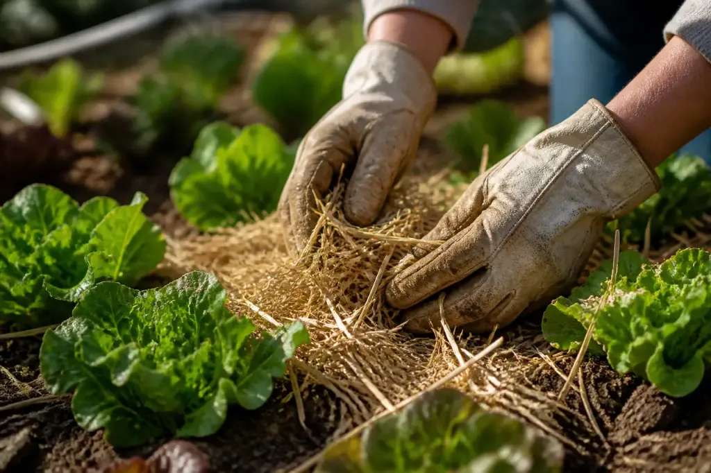Mains gantees etalant de la paille entre des salades