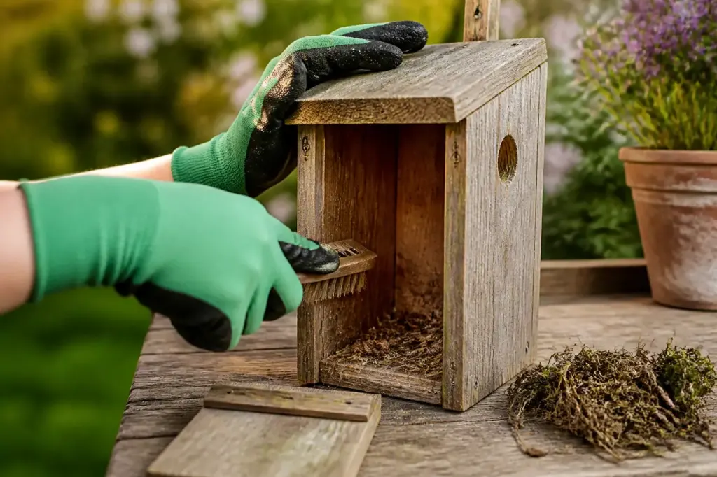 Mains gantees nettoyant un nichoir en bois