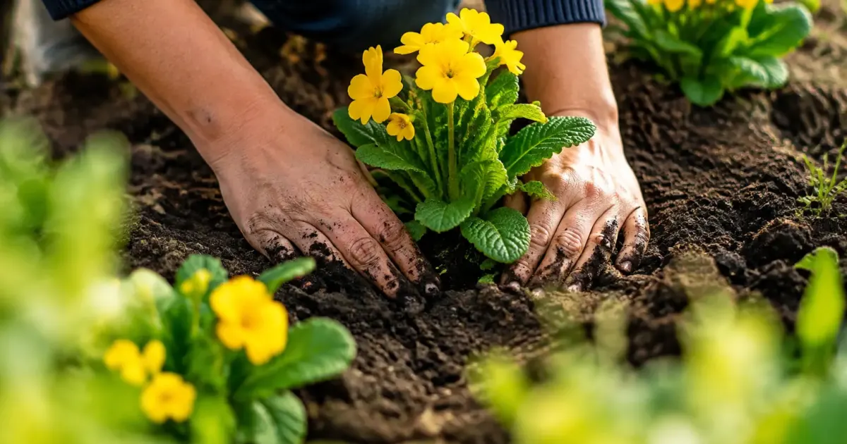 Mains gantees tassant la terre autour de plants jaunes