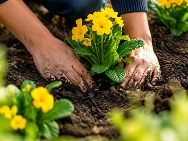 Mains gantees tassant la terre autour de plants jaunes