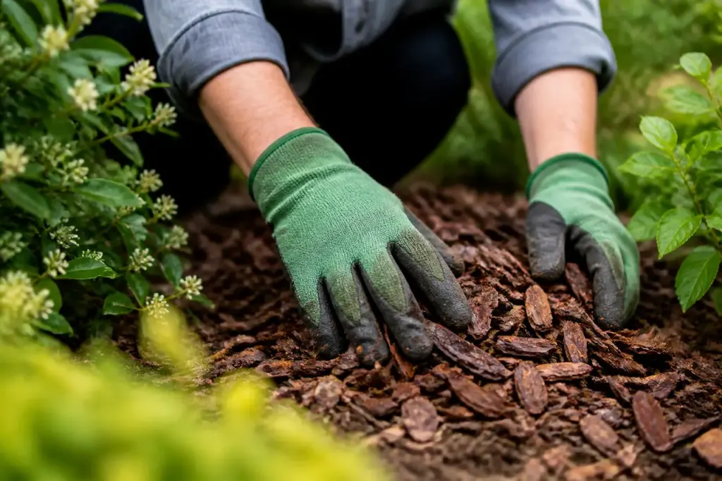 Mains gantées couvrant la terre de paillis brun