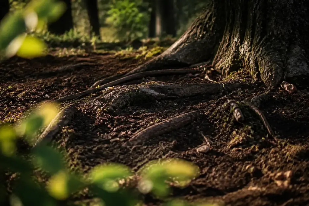 Mains griffant la terre sombre sous un grand arbre