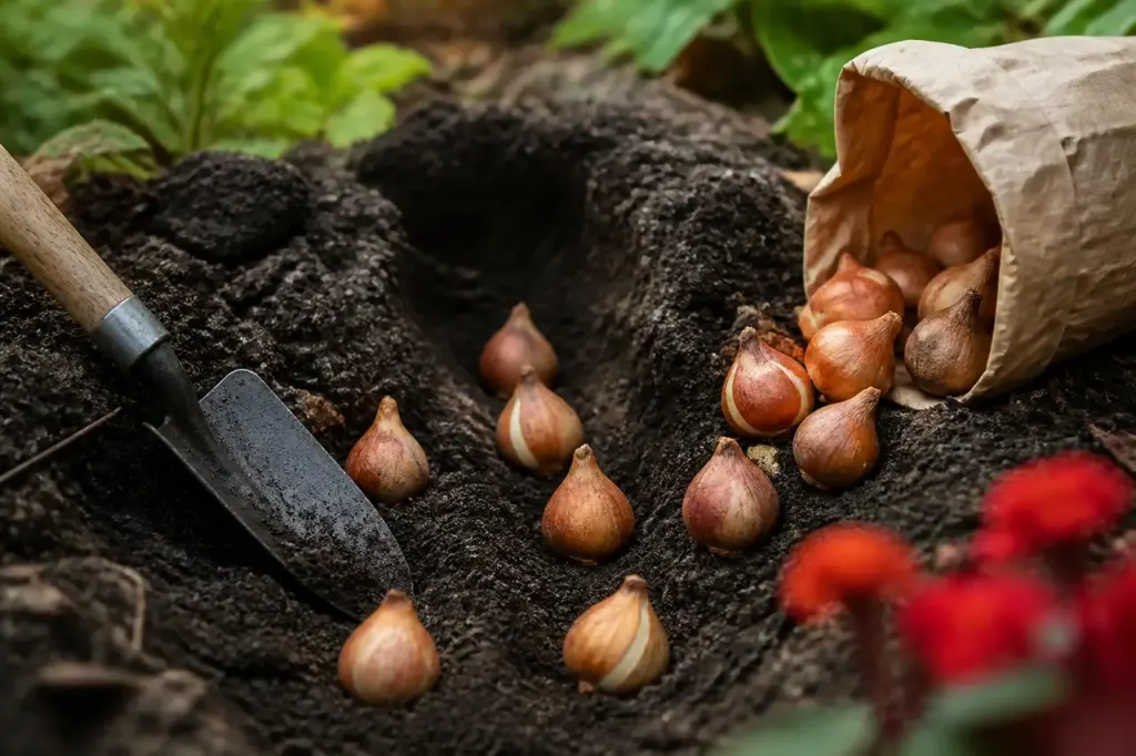Mains plantant bulbes de tulipes dans terre sombre