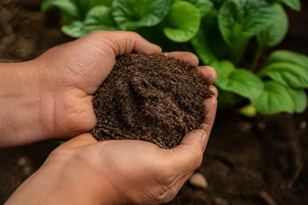Mains tenant une poignee de terre sombre au jardin