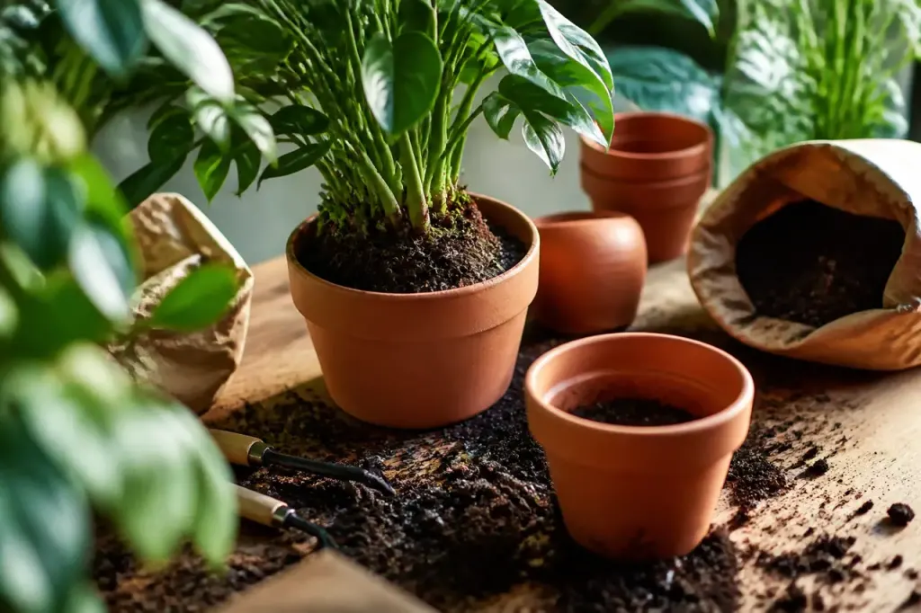 Mains rempotant une plante dans un terreau sombre