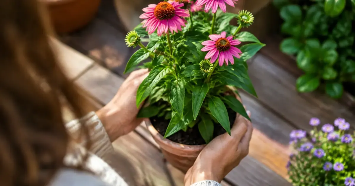 Mains tenant un plant de vivace en pot