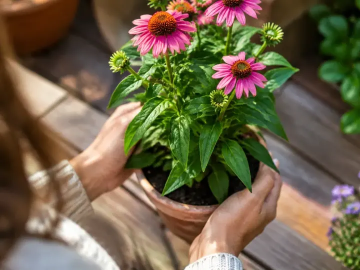 Mains tenant un plant de vivace en pot