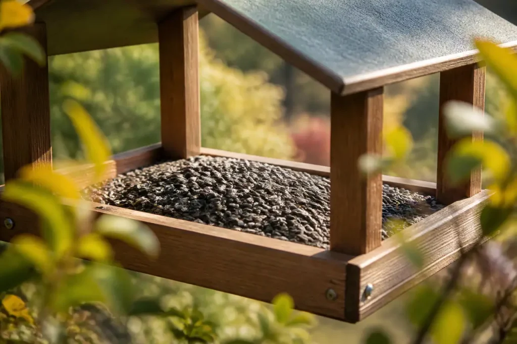 Mangeoire en bois remplie de graines de tournesol