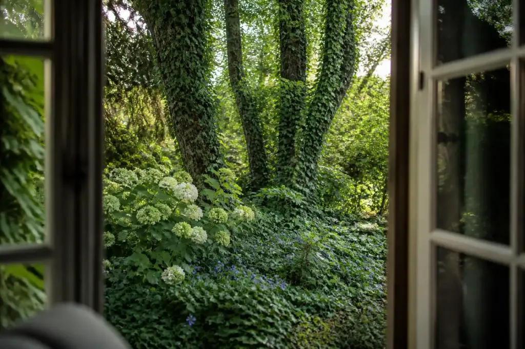 Massif sous arbres avec lierre, hortensia et pervenche fleurie