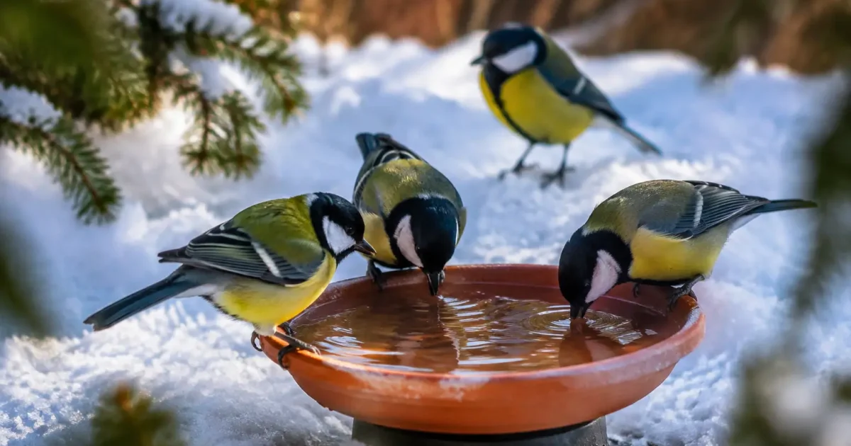 Mésanges buvant dans une coupelle chauffante posée sur neige