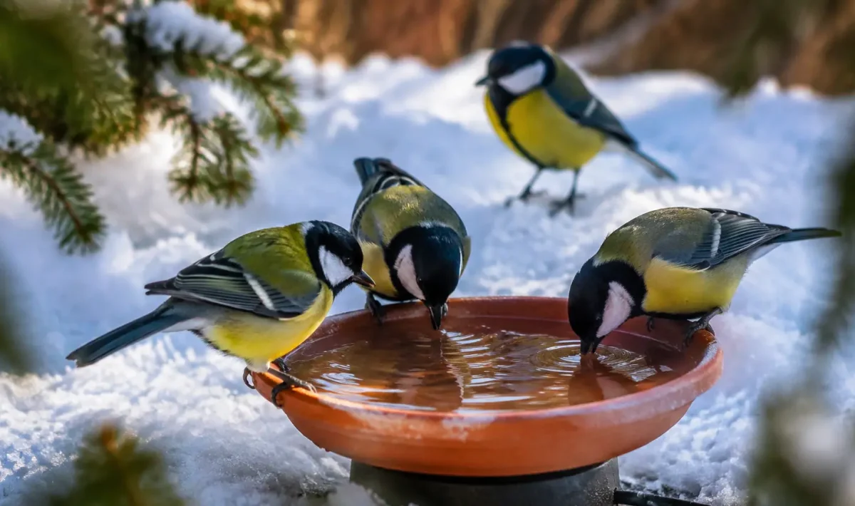 Mésanges buvant dans une coupelle chauffante posée sur neige