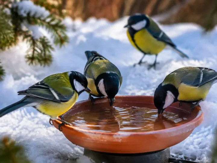 Mésanges buvant dans une coupelle chauffante posée sur neige