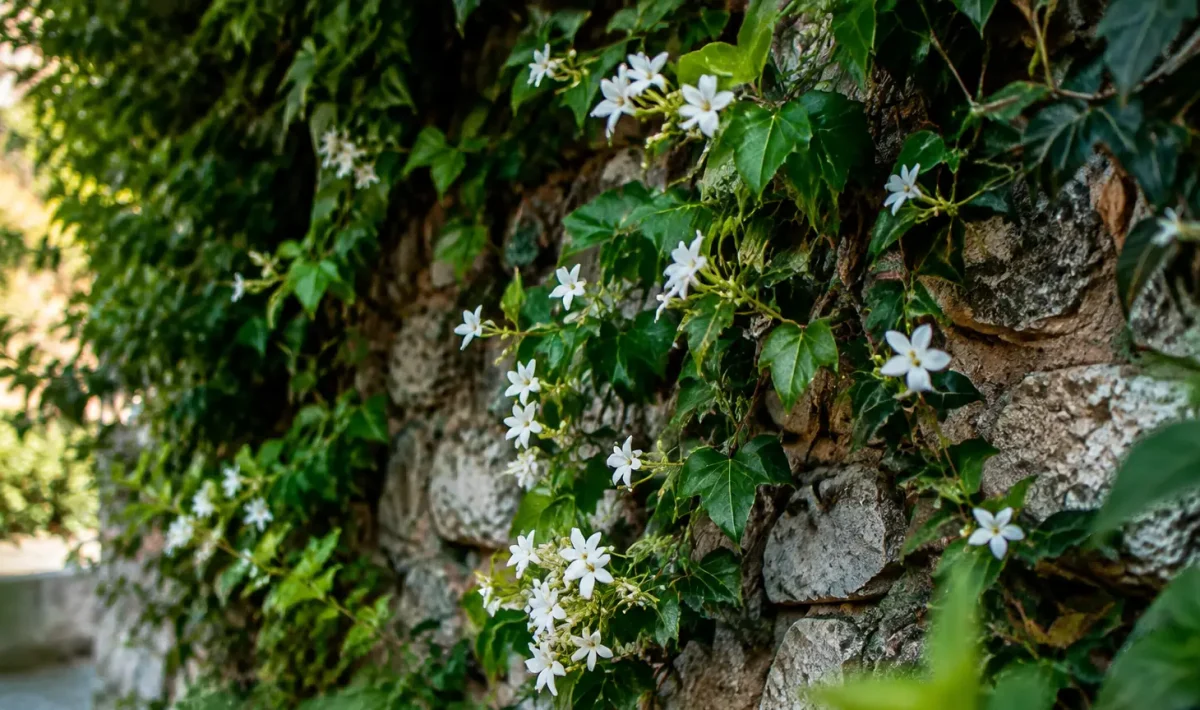 Mur de pierre couvert de lierre et petites fleurs