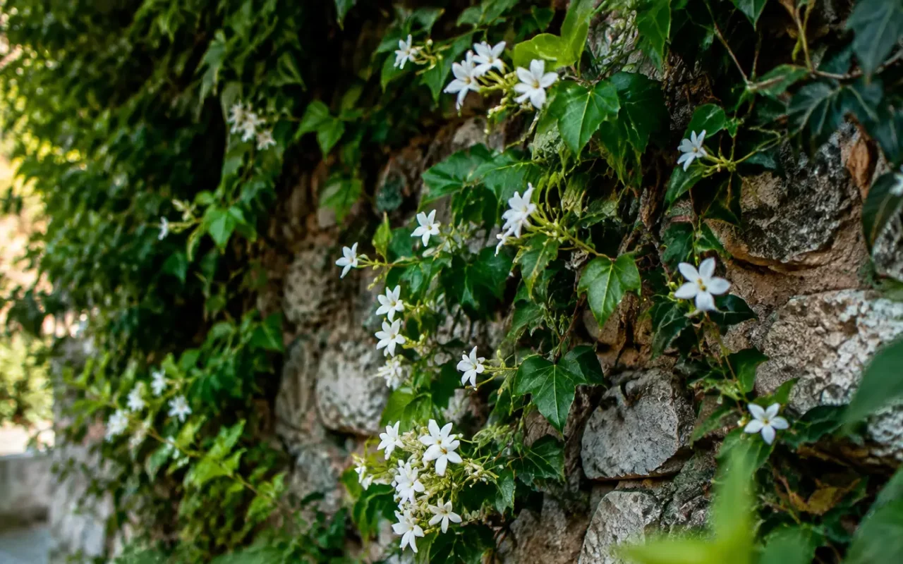 Mur de pierre couvert de lierre et petites fleurs