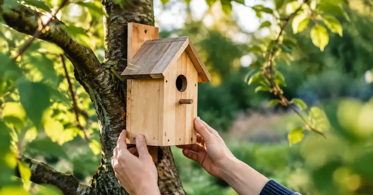 Nichoir en bois accroche a une branche