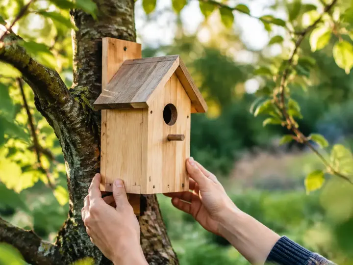 Nichoir en bois accroche a une branche