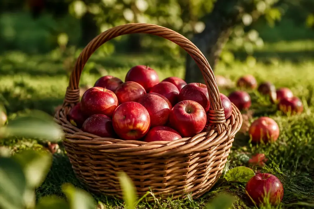 Panier en osier rempli de pommes rouges sur l'herbe