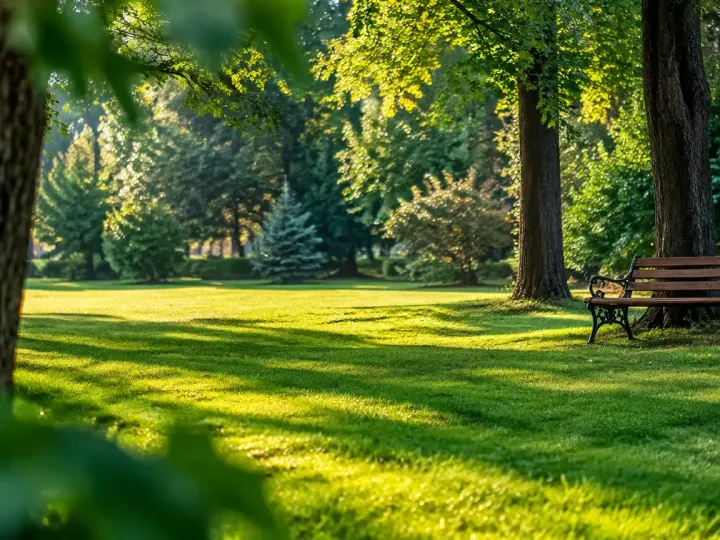 Pelouse verte entouree de hauts arbres et banc
